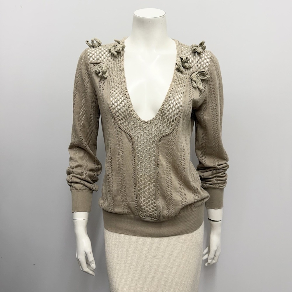Stella McCartney Sweater Top Taupe Crochet Low Neckline 3D Flowers 42 Fits 6-8